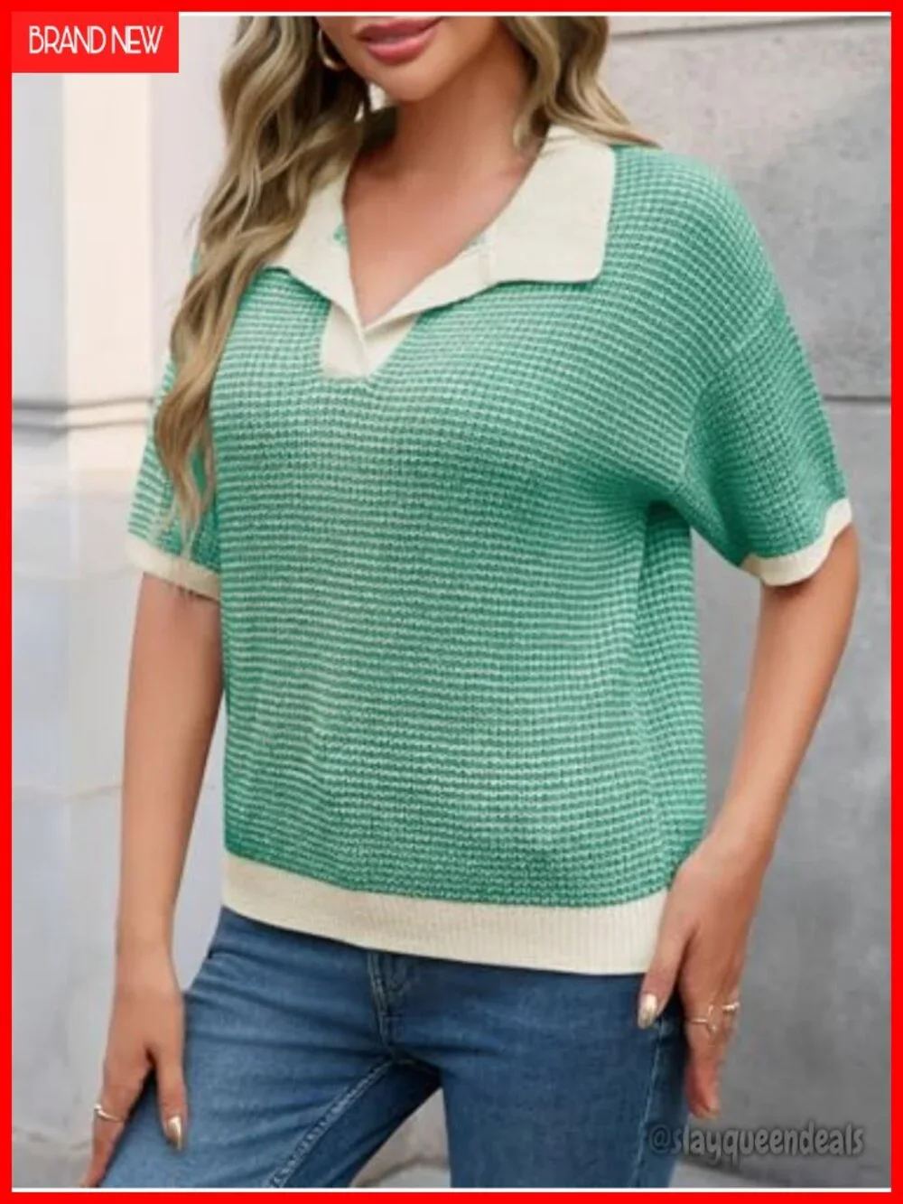 Women's Striped Color Block Cropped V-Neck Short Sleeve Knit Pullover Sweater